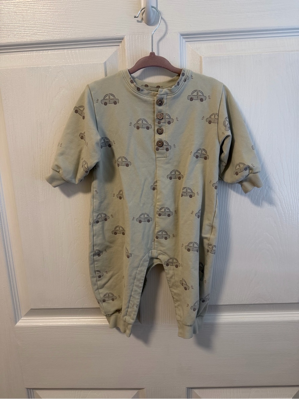 Quincy Mae Sage Green Car-Print Baby Jumpsuit